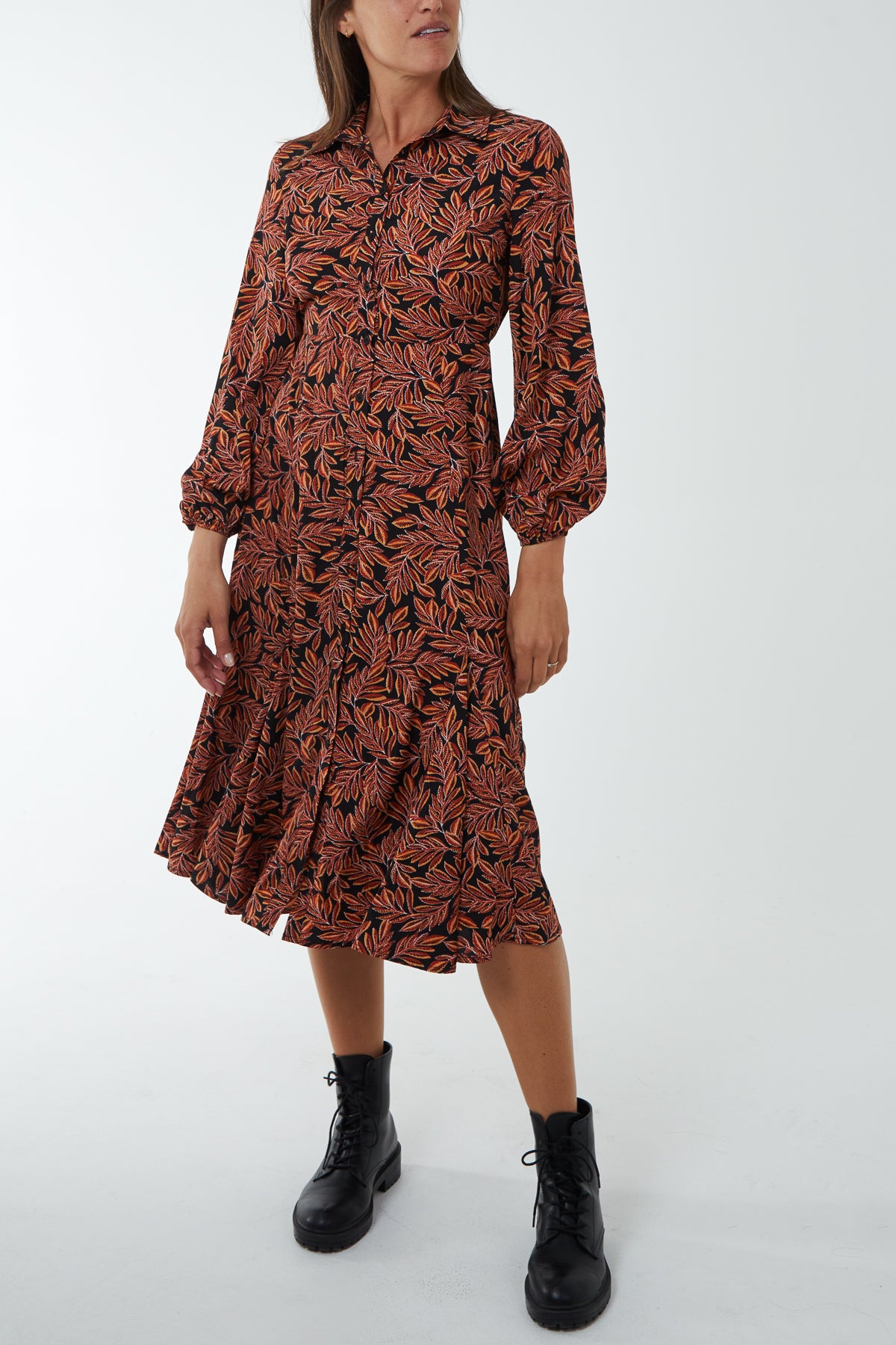 Leaf Print Godet Hem Midi Shirt Dress
