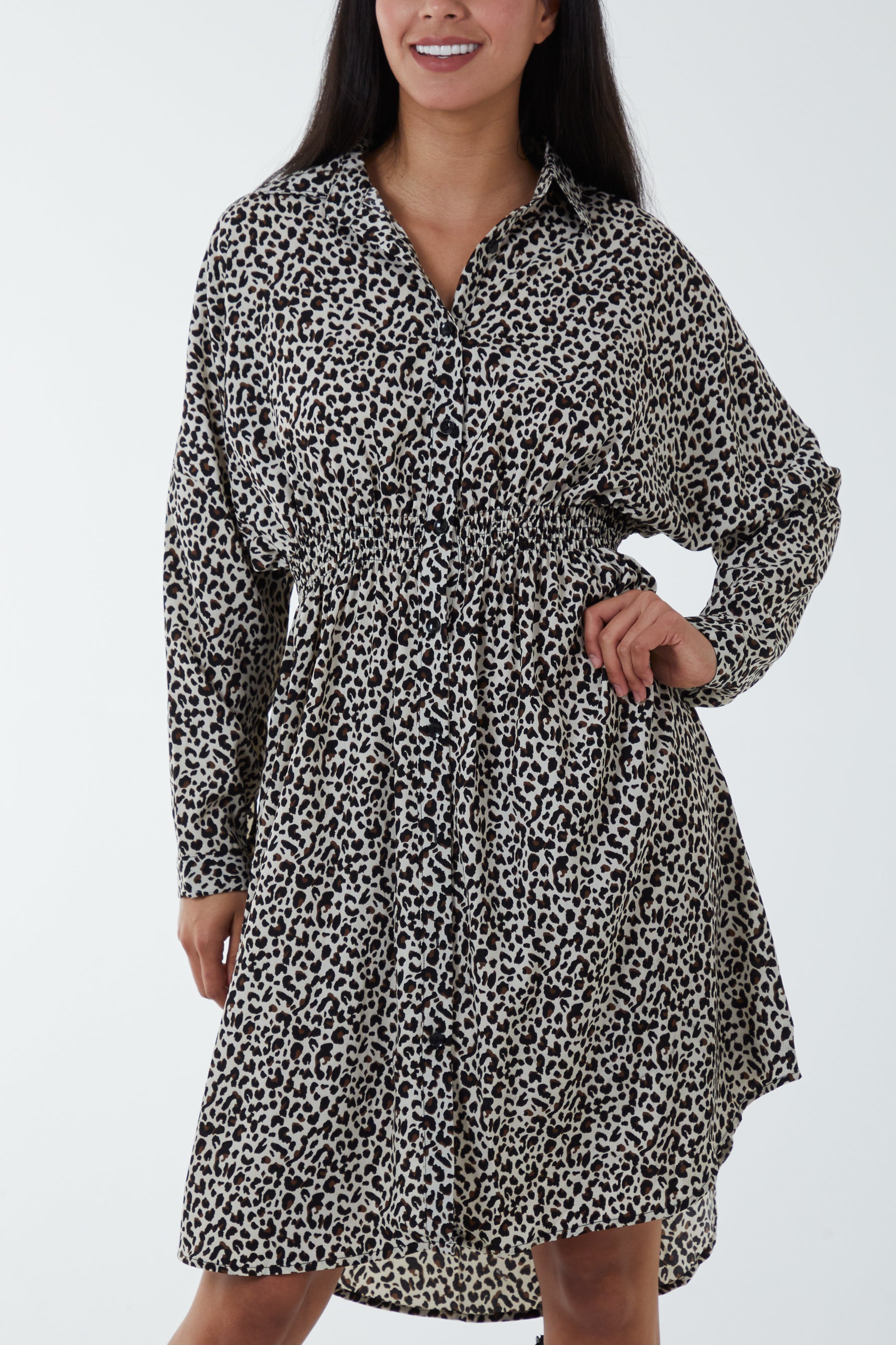 Cheetah Print Shirred Waist Shirt Dress