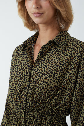 Cheetah Print Shirred Waist Shirt Dress
