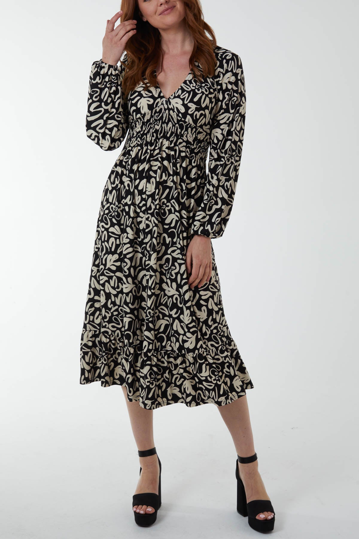 Abstract Floral Shirred V-Neck Midi Dress