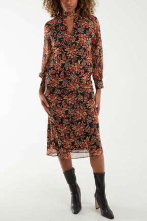 Floral Raglan Keyhole Midi Dress