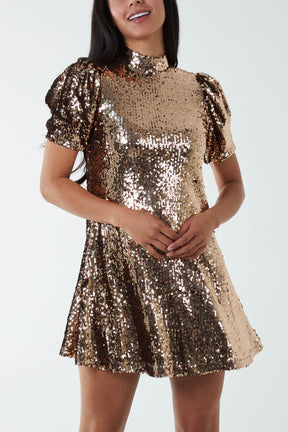 Puff Sleeve High Neck Sequin Dress