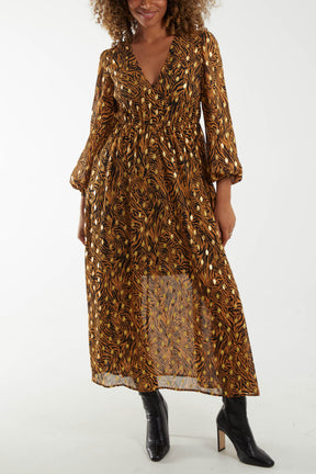 Metallic Animal Print Shirred Waist Maxi Dress