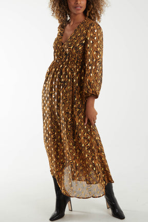 Metallic Animal Print Shirred Waist Maxi Dress