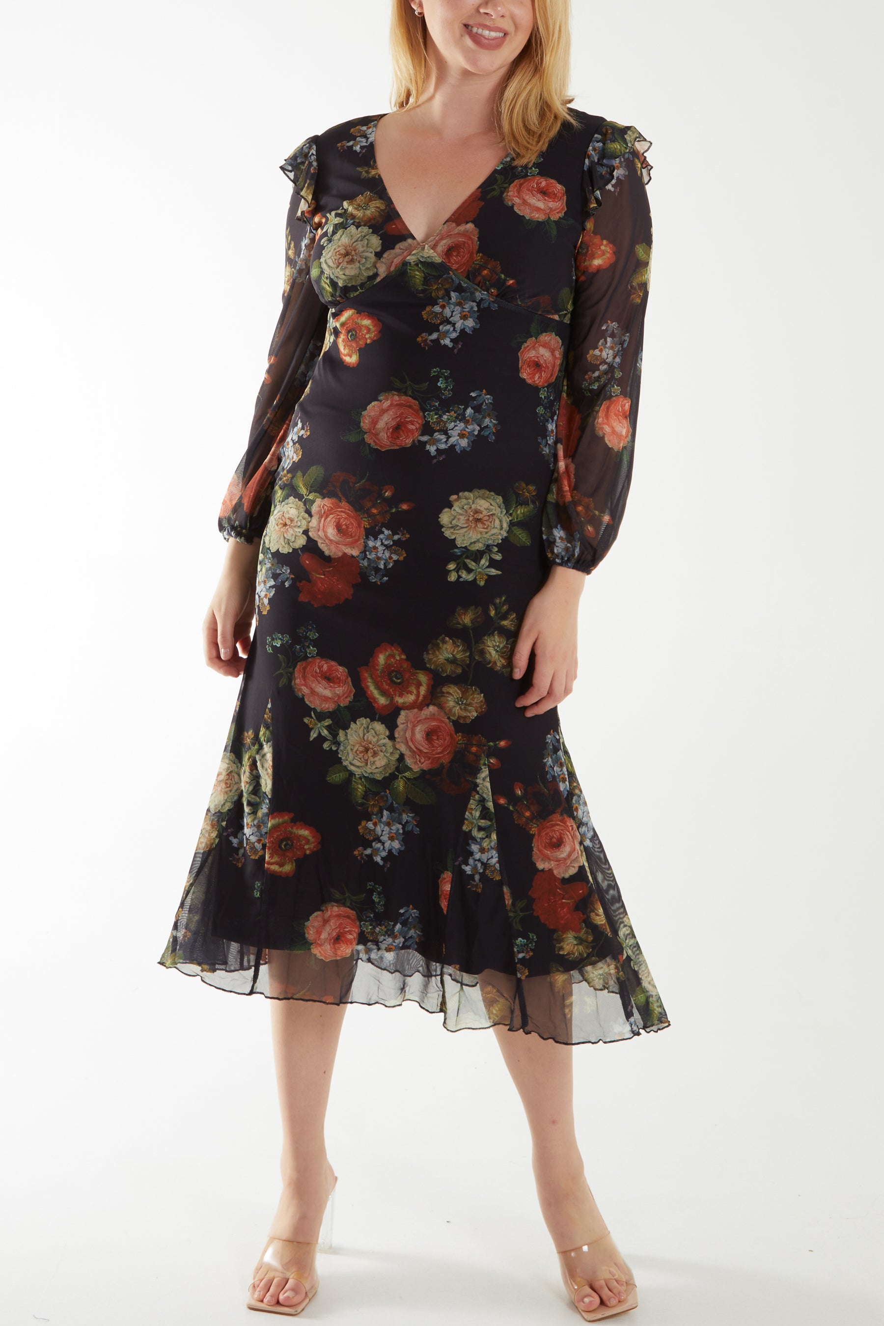 Floral Godet Hem Frill Midi Dress