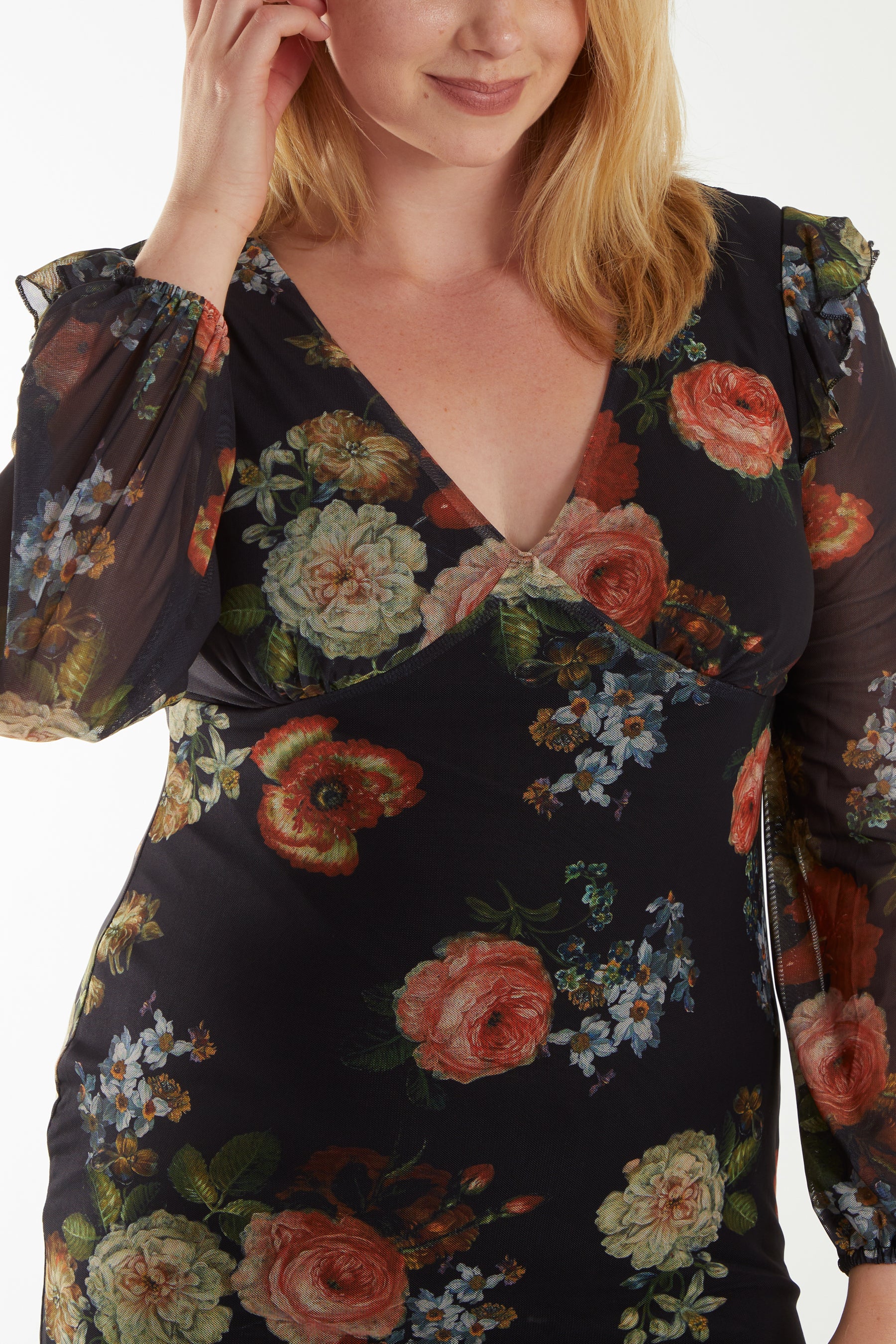 Floral Godet Hem Frill Midi Dress