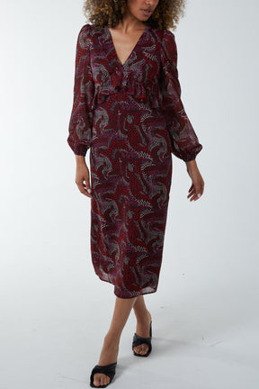 Frill Seam V-Neck Paisley Midi Dress