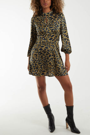 Animal High Neck Keyhole Mini Dress