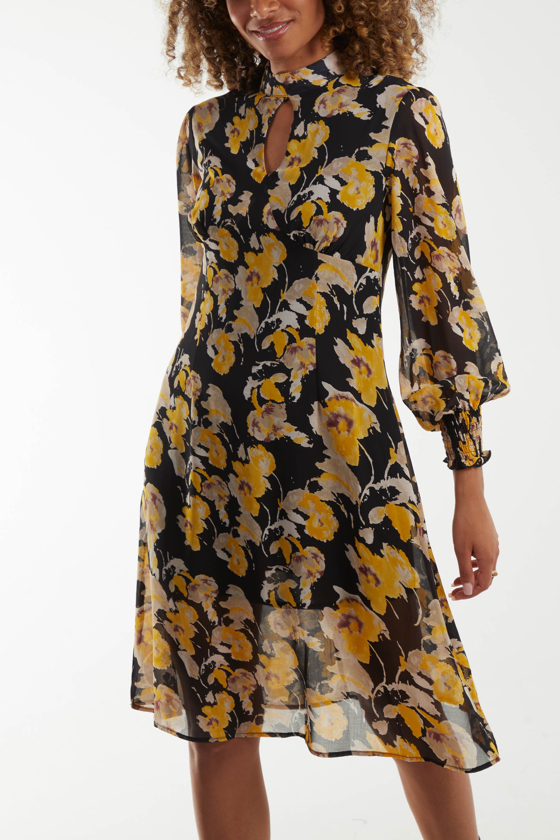 Floral Sheer Keyhole High Neck Midi Dress