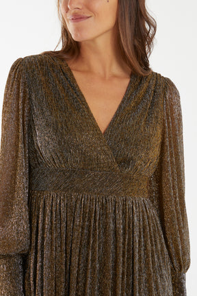 V-Neck Metallic Pleated Mini Dress