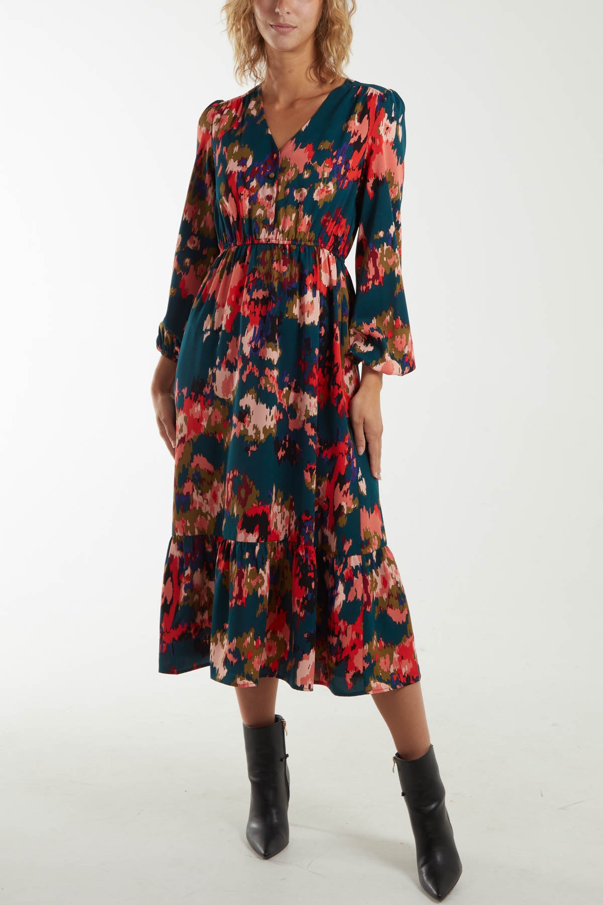 Abstract Print V-Neck Frill Hem Dress