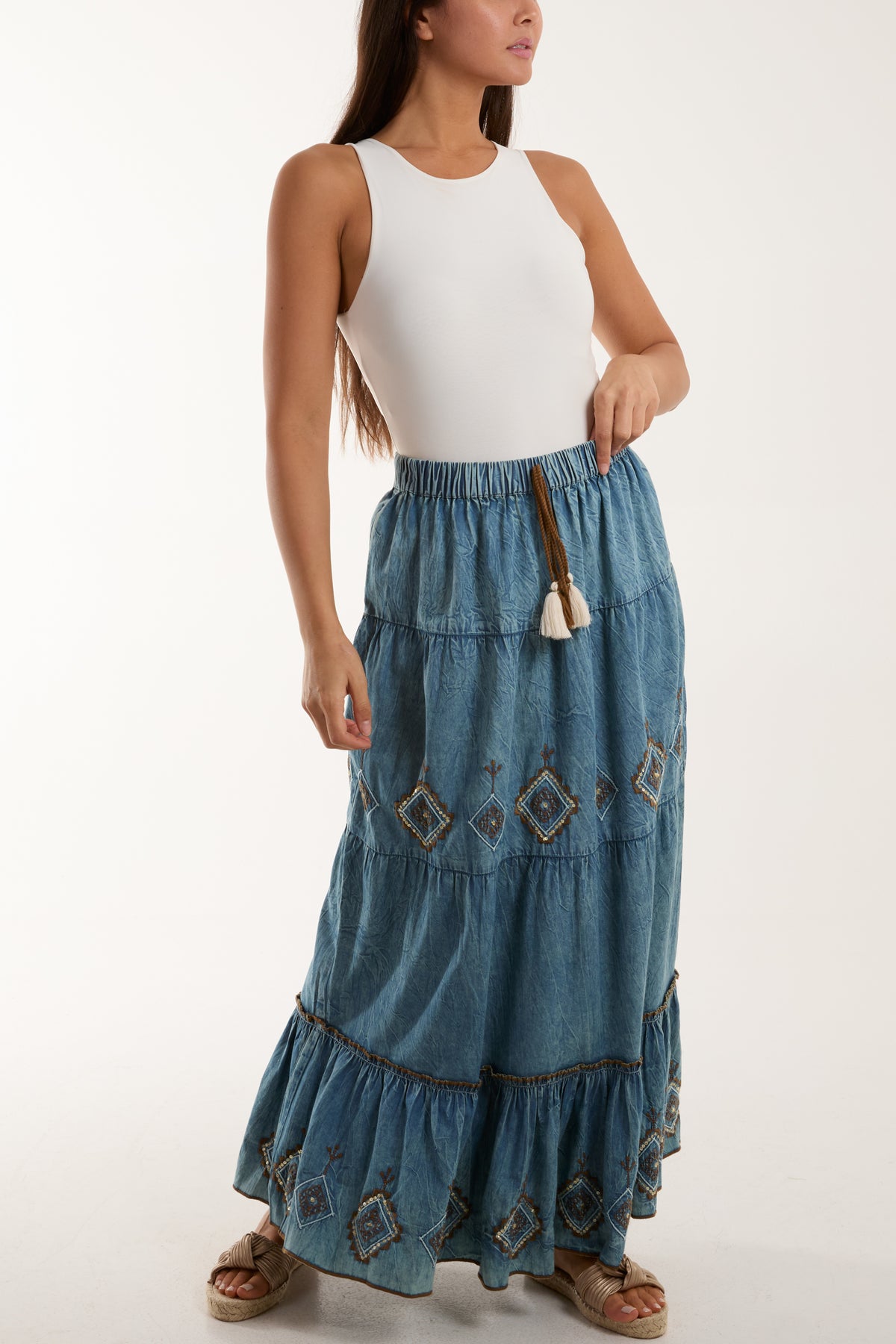 Denim Embroidered Tiered Skirt