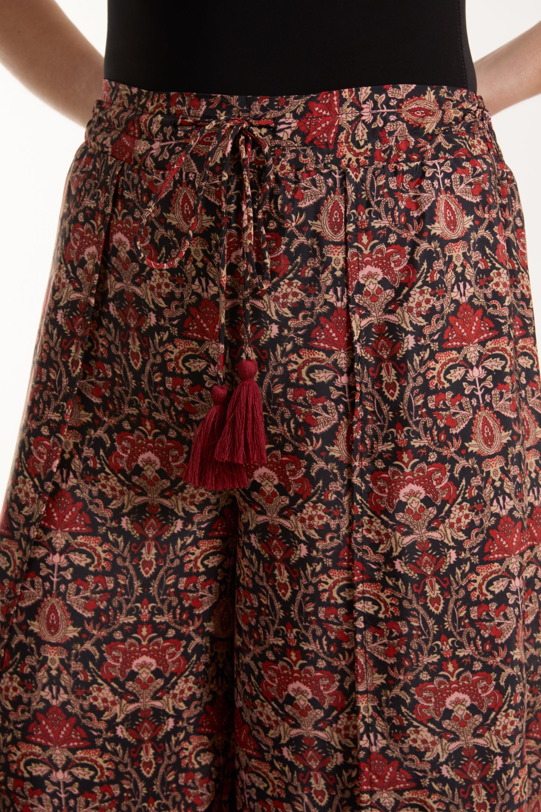 Baroque Print Tassel Wide Leg Art Silk Trousers