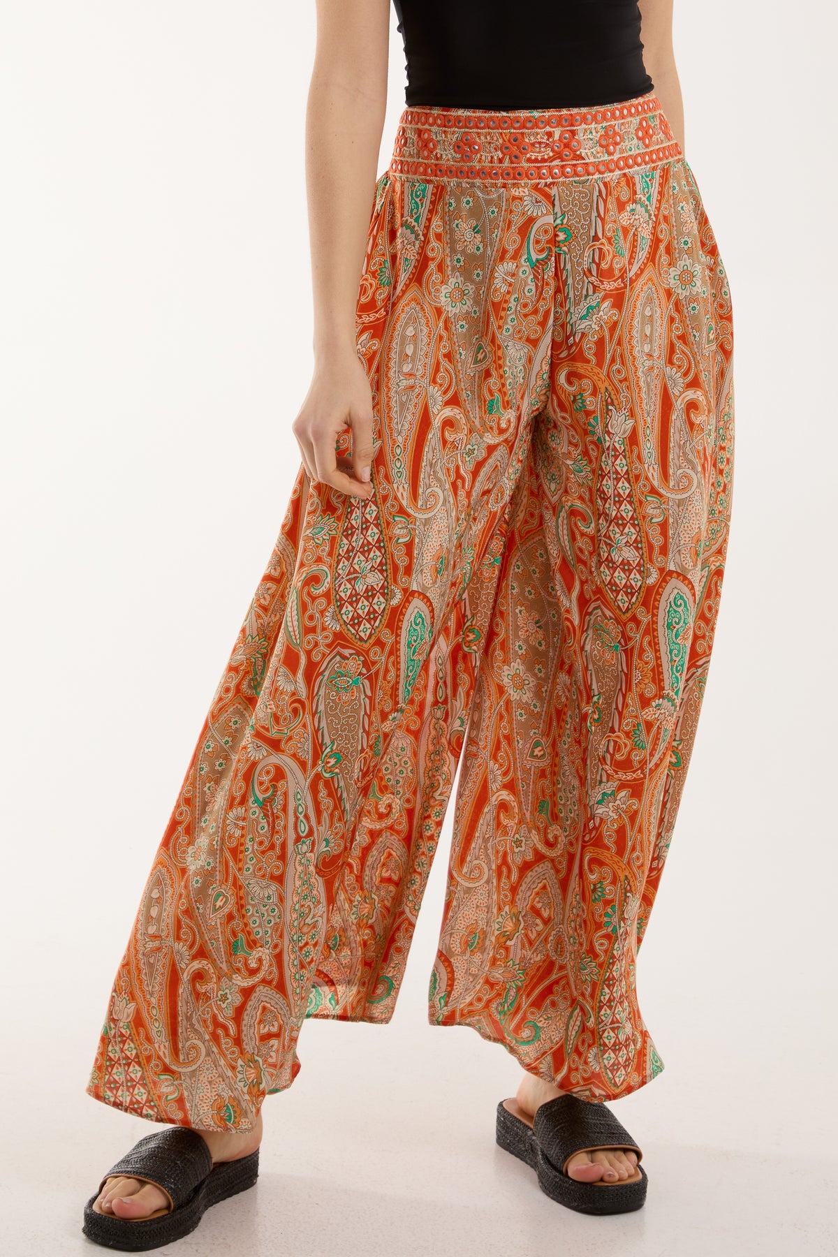 Wide Leg Multi Print Embellished Art Silk Trousers