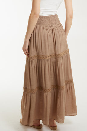Shirred Waist Embroidery Tiered Maxi Skirt