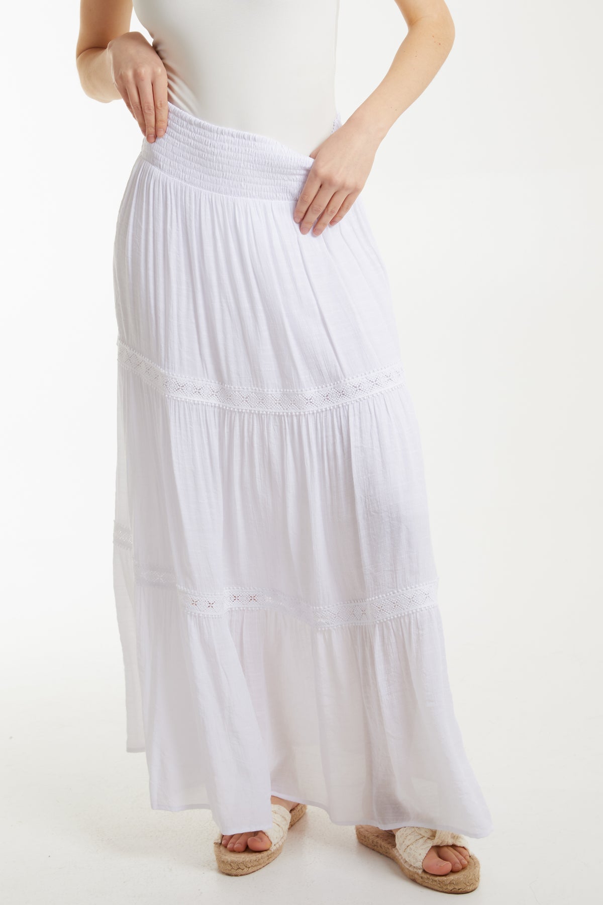 Shirred Waist Embroidery Tiered Maxi Skirt