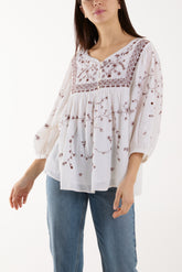 Embroidered Button Smock Blouse