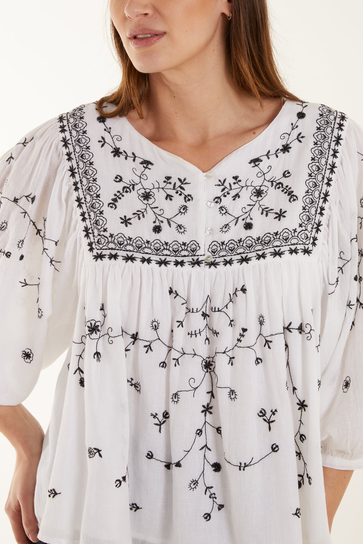 Embroidered Button Smock Blouse