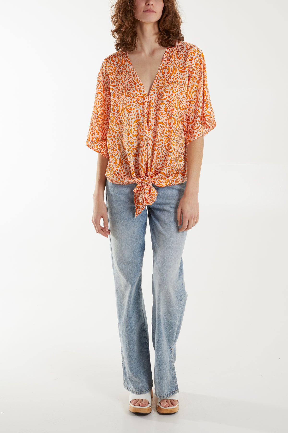 Paisley Print Tie Front V-Neck Top