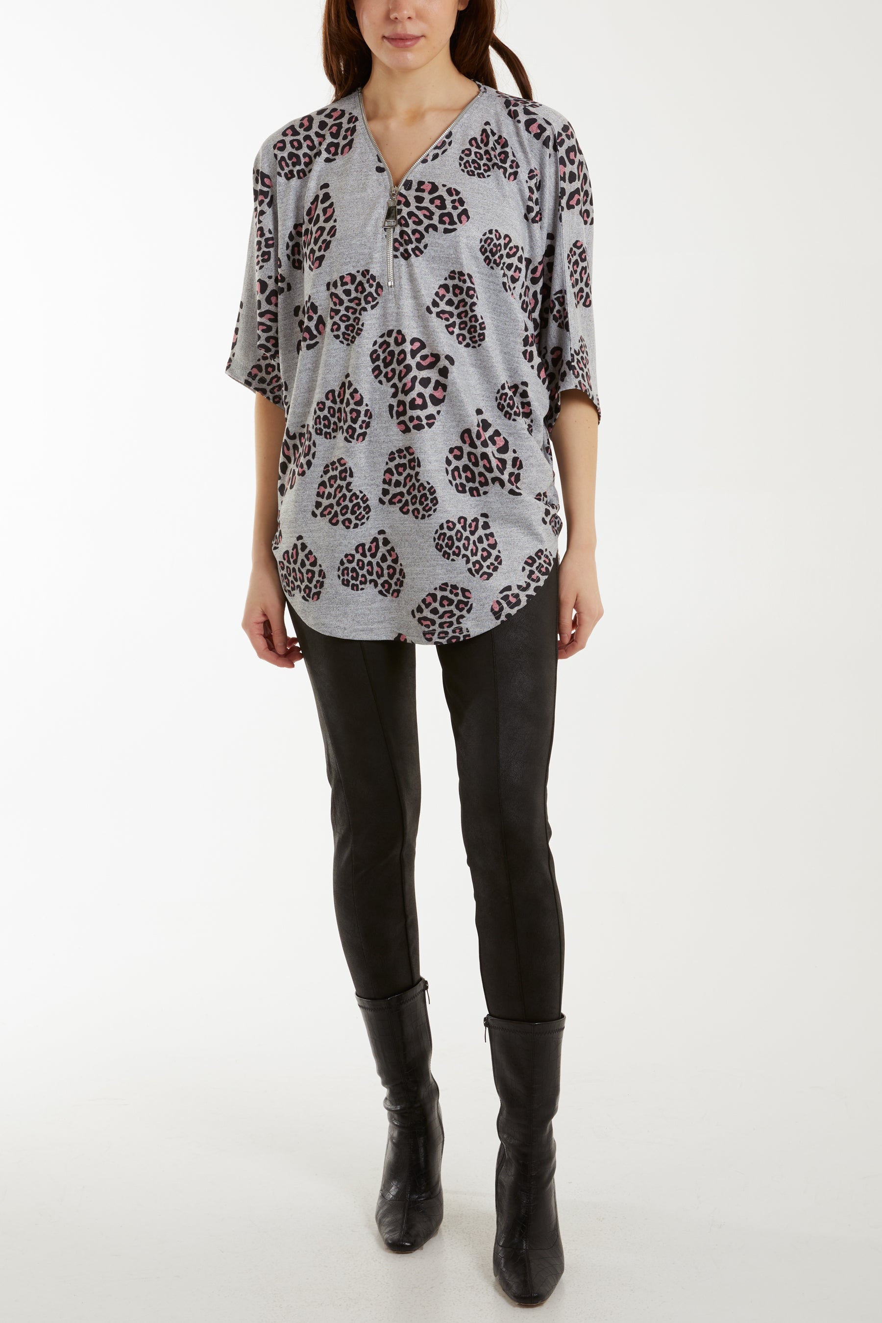 Leopard Heart Print Zip Top