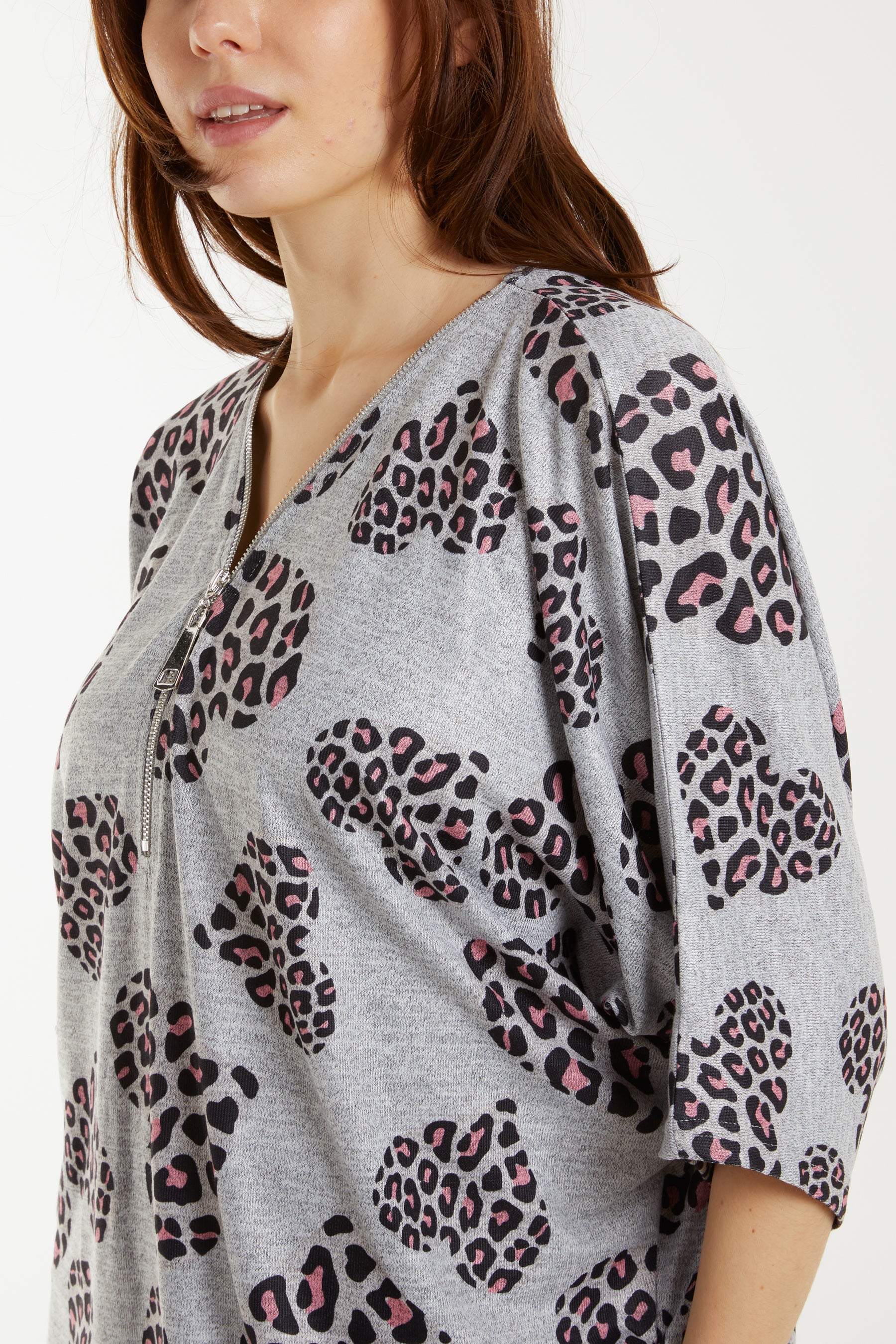 Leopard Heart Print Zip Top