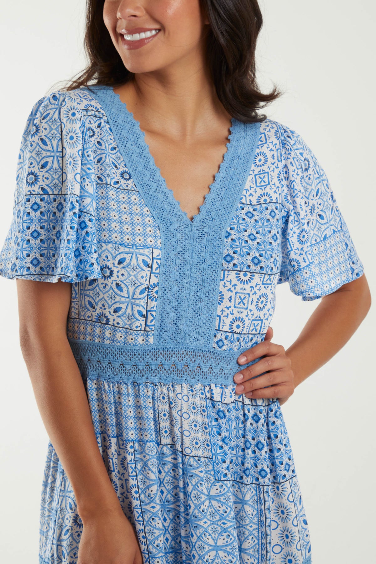 Crochet Detail Patchwork Pattern Maxi Dress