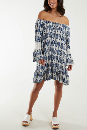 Bardot Leaf Print & Lace Detail Tunic Dress