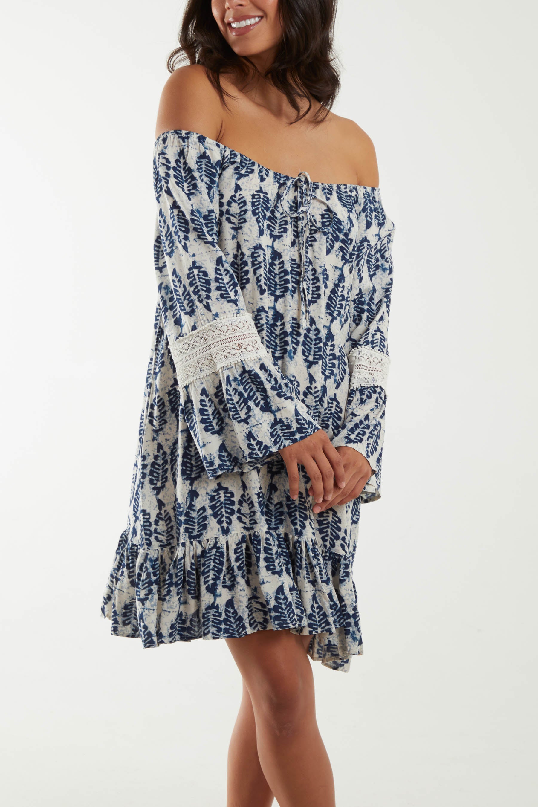 Bardot Leaf Print & Lace Detail Tunic Dress