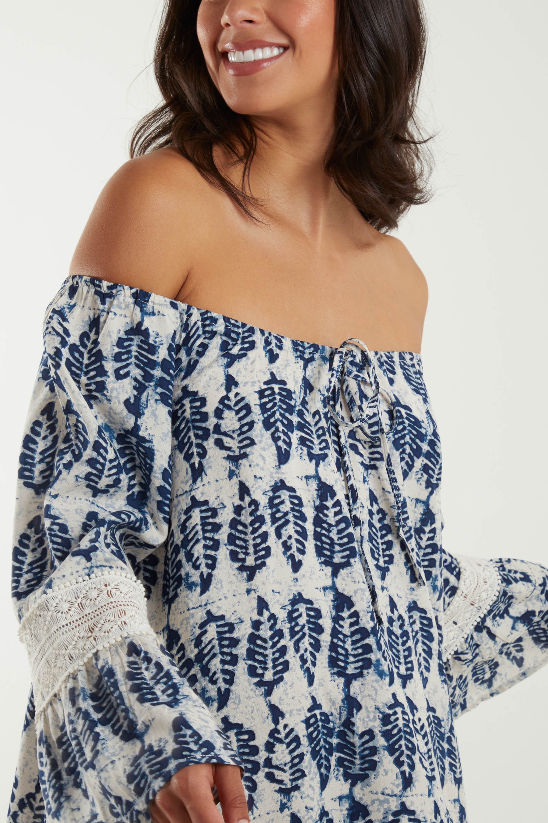 Bardot Leaf Print & Lace Detail Tunic Dress