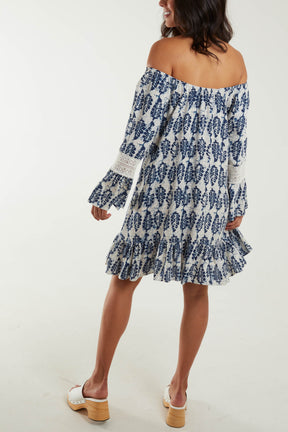 Bardot Leaf Print & Lace Detail Tunic Dress