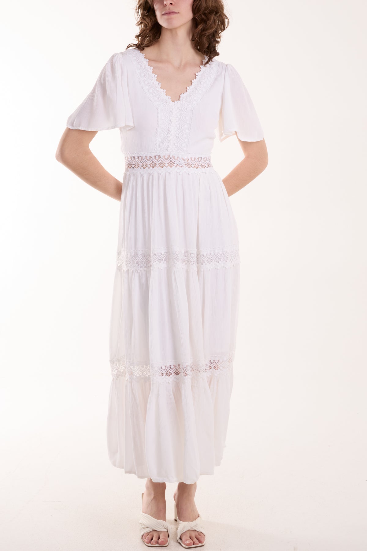 Angel Sleeve Lace Tiered V-Neck Maxi Dress