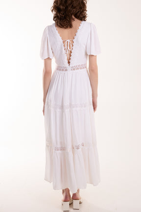 Angel Sleeve Lace Tiered V-Neck Maxi Dress