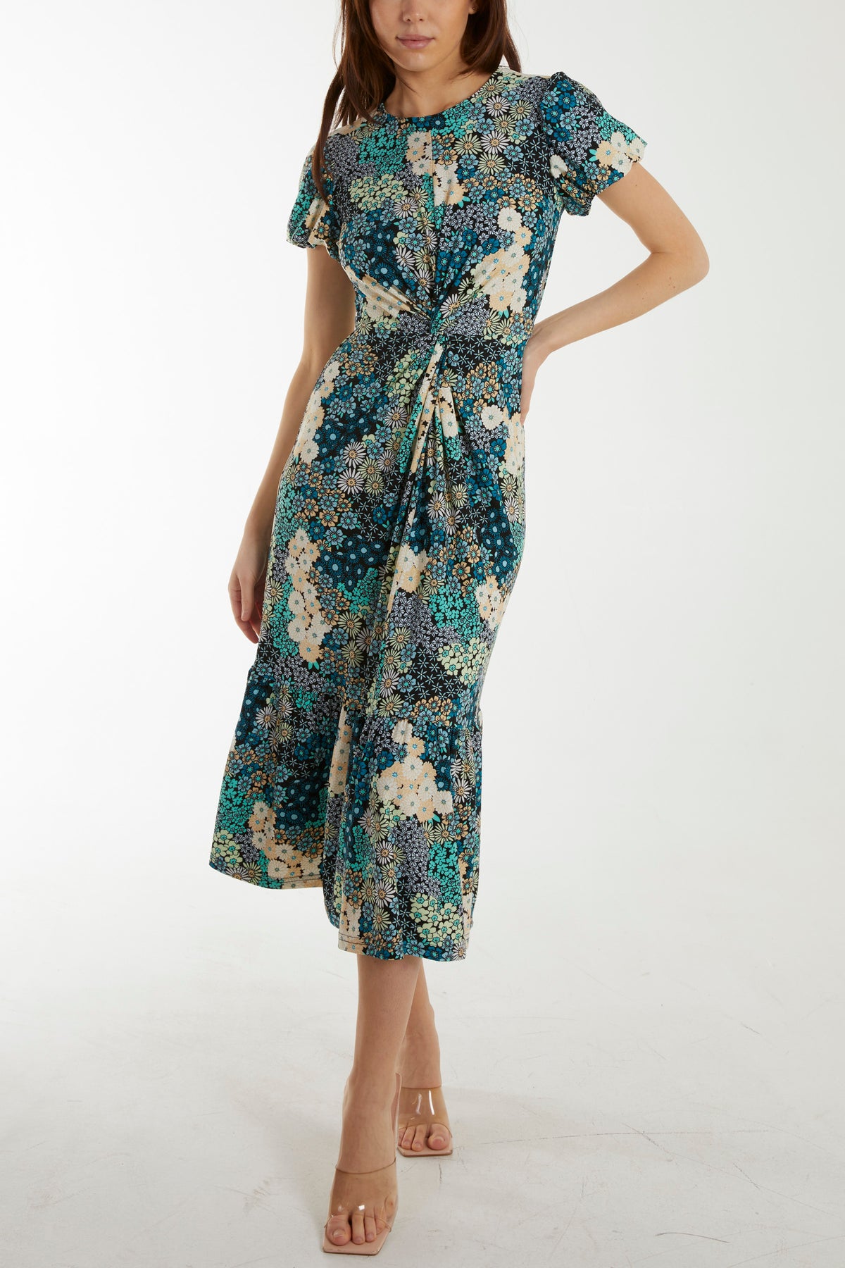 Multi Floral Knot Front Stretch Midi Dress