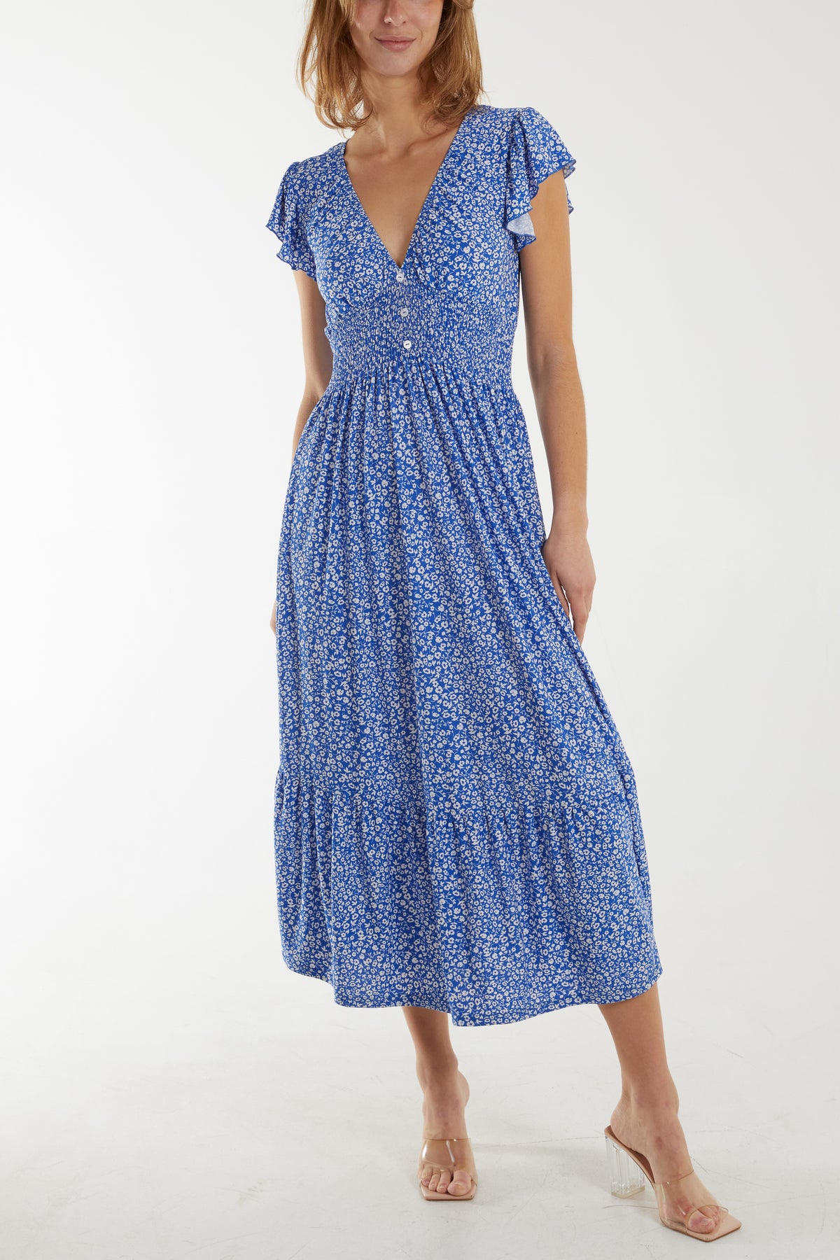 Ditsy Floral Button Front Stretch Maxi Dress
