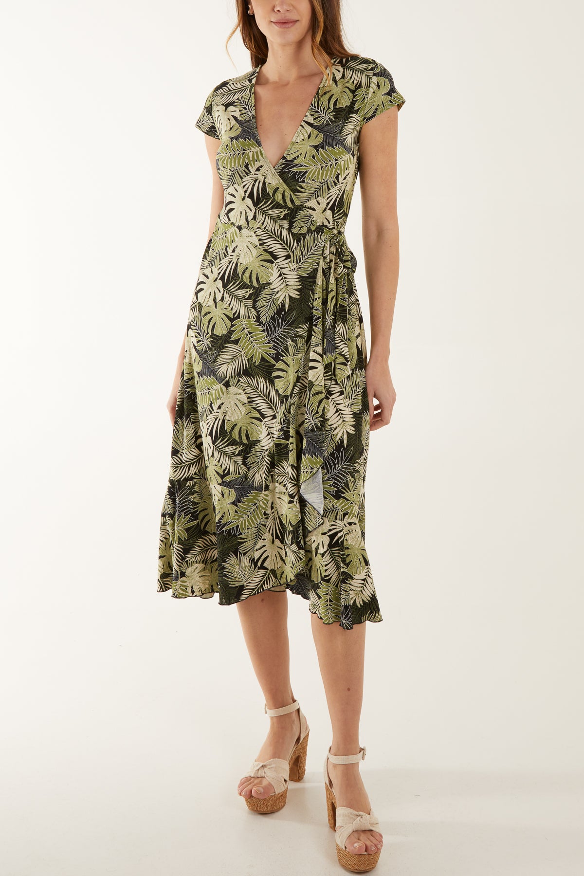 Tropical Leaf Print Wrap Stretch Midi Dress
