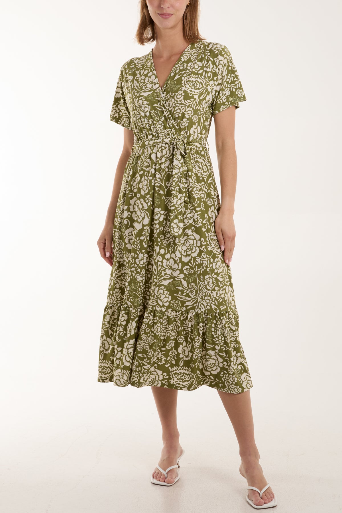 Floral Print Wrap Tie Stretch Midi Dress
