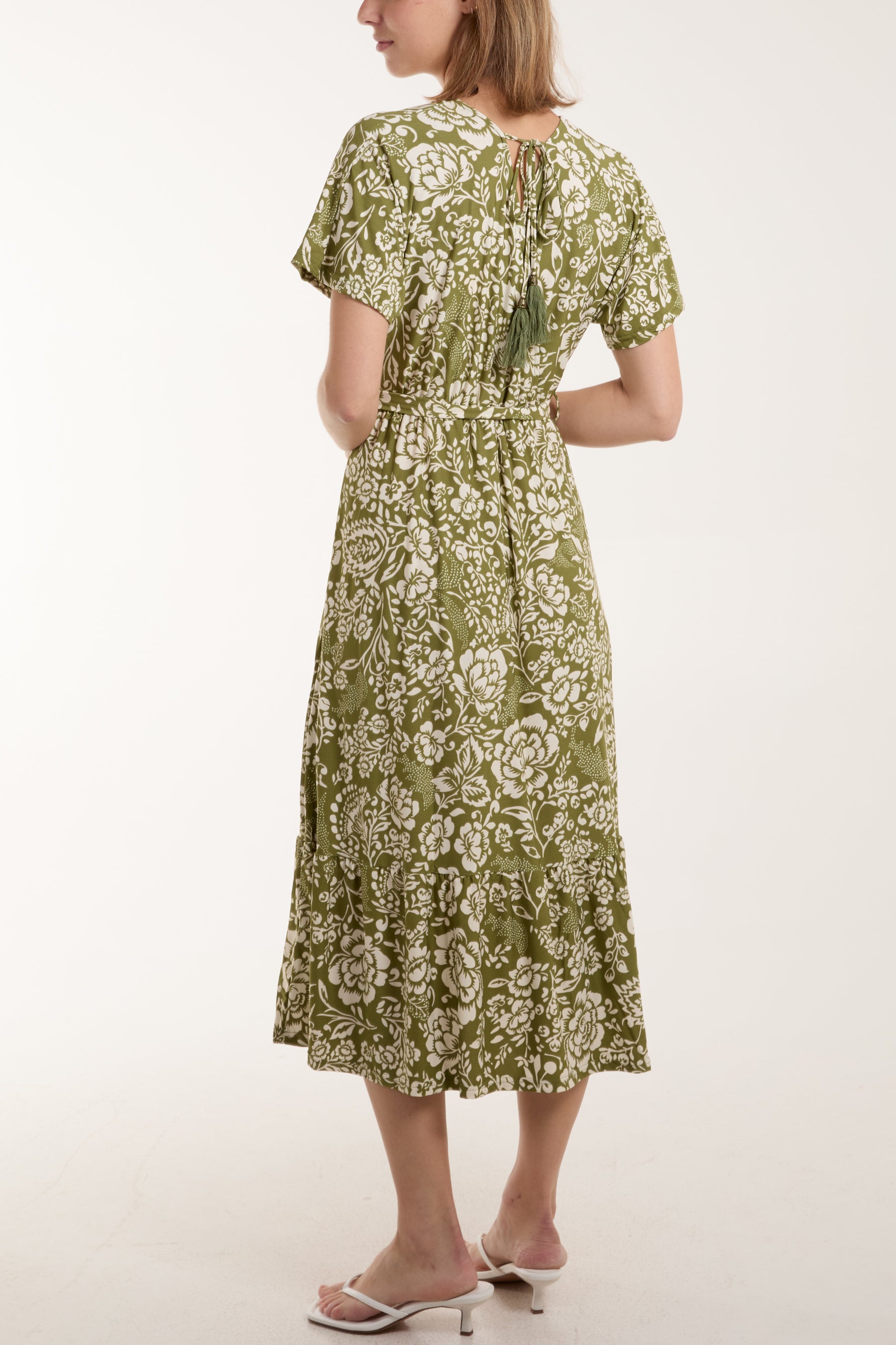 Floral Print Wrap Tie Stretch Midi Dress