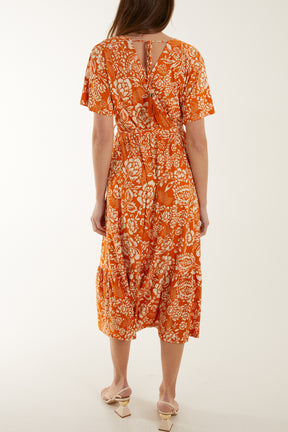 Floral Print Wrap Tie Stretch Midi Dress