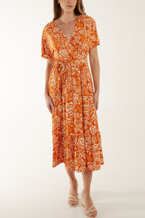 Floral Print Wrap Tie Stretch Midi Dress