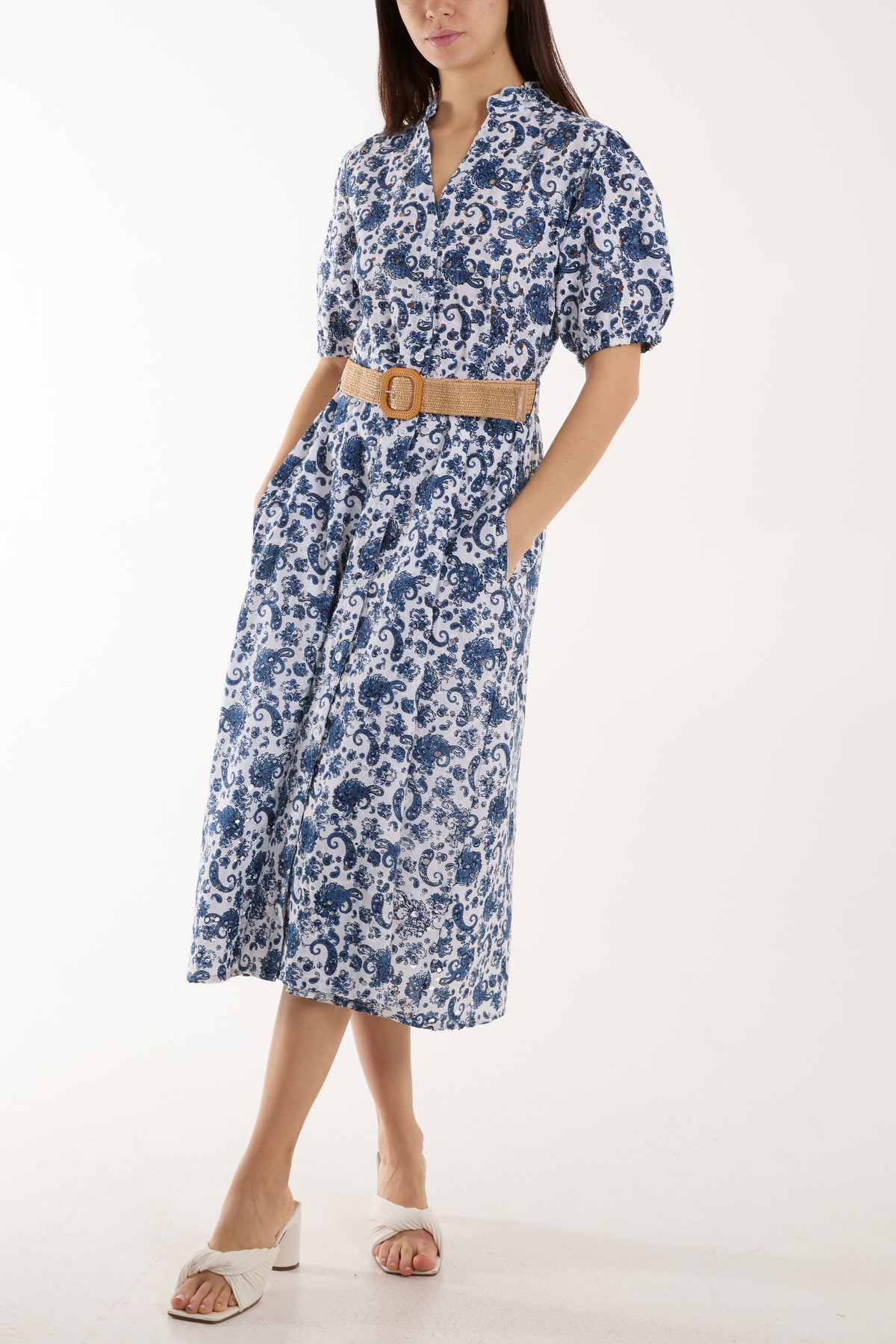 Paisley Print Belted Embroidery Anglaise Midi Dress