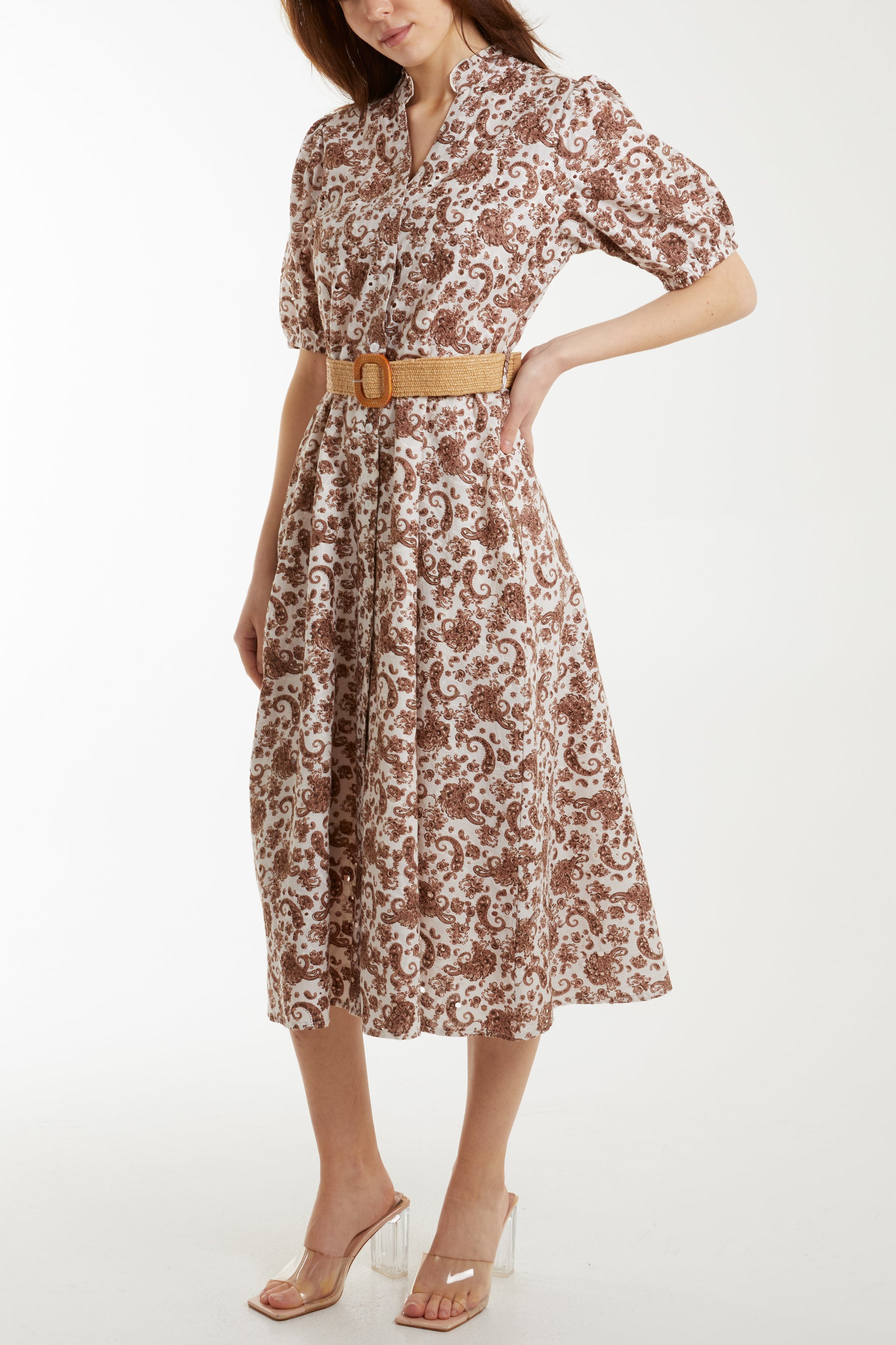 Paisley Print Belted Embroidery Anglaise Midi Dress