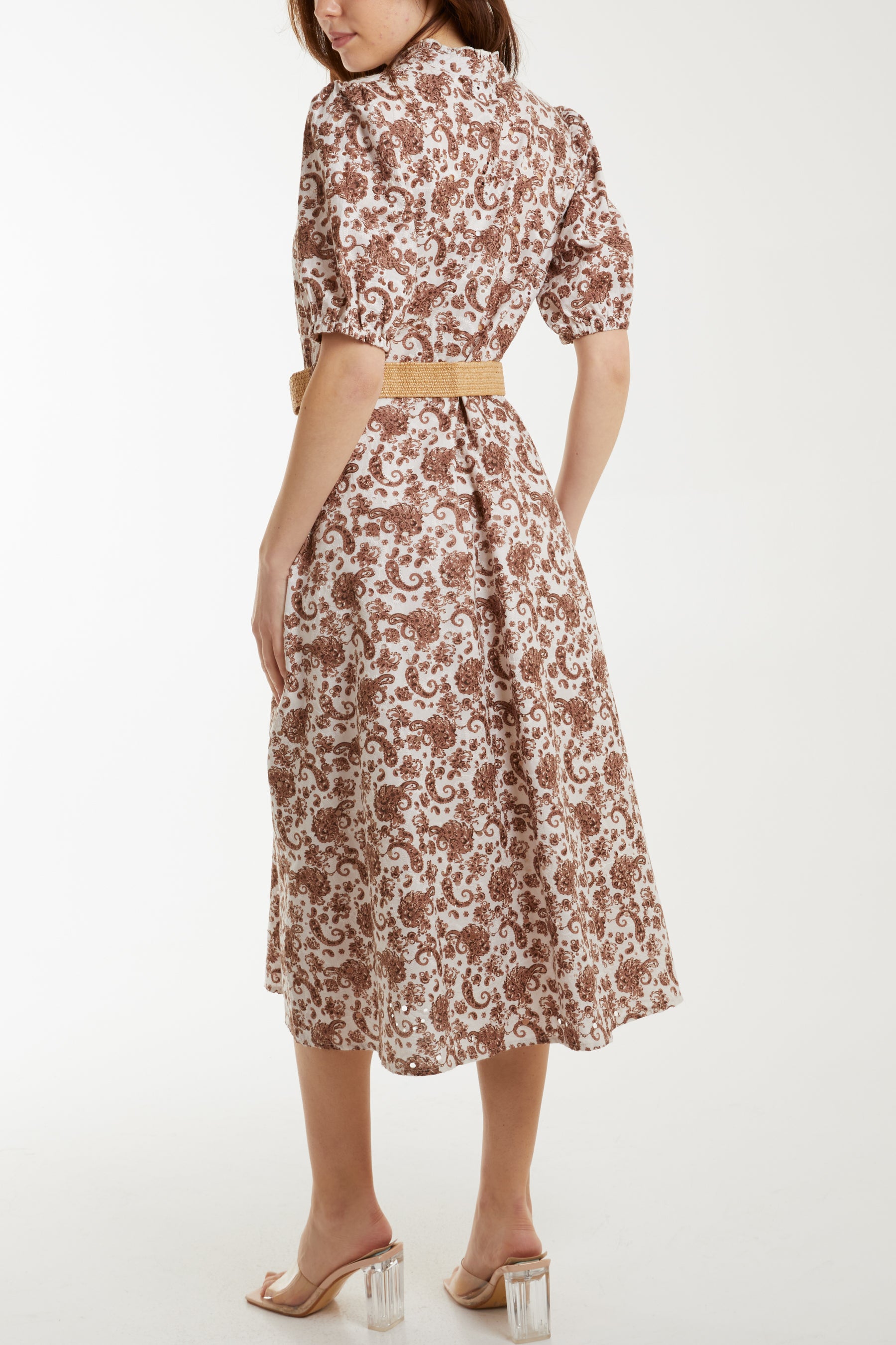 Paisley Print Belted Embroidery Anglaise Midi Dress