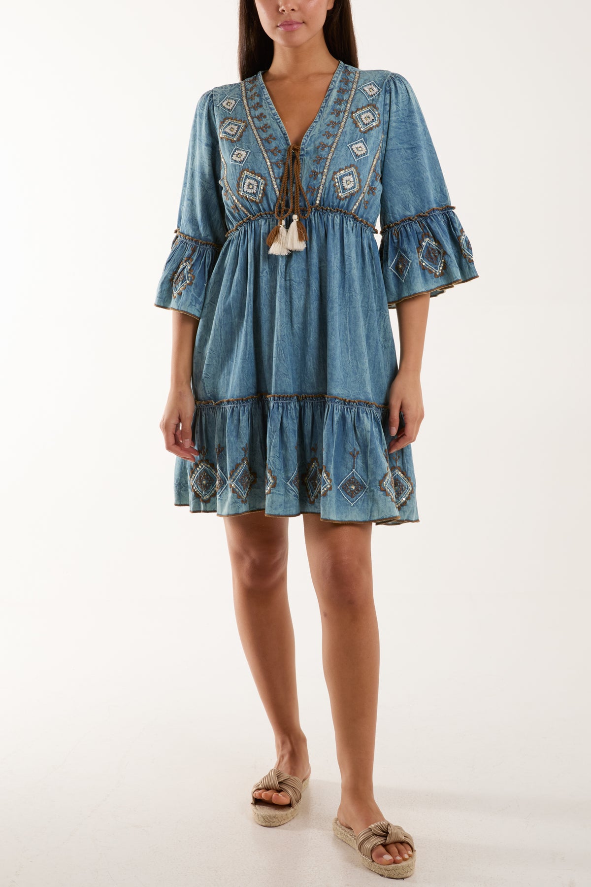 Embroidered Tassel Denim Mini Dress