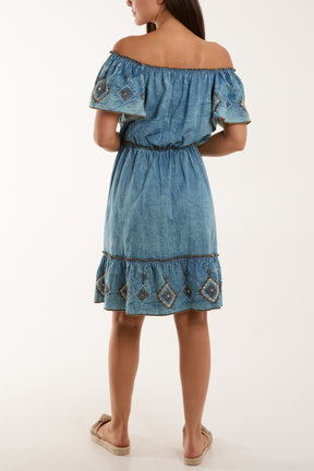 Denim Embroidered Tassel Midi Dress