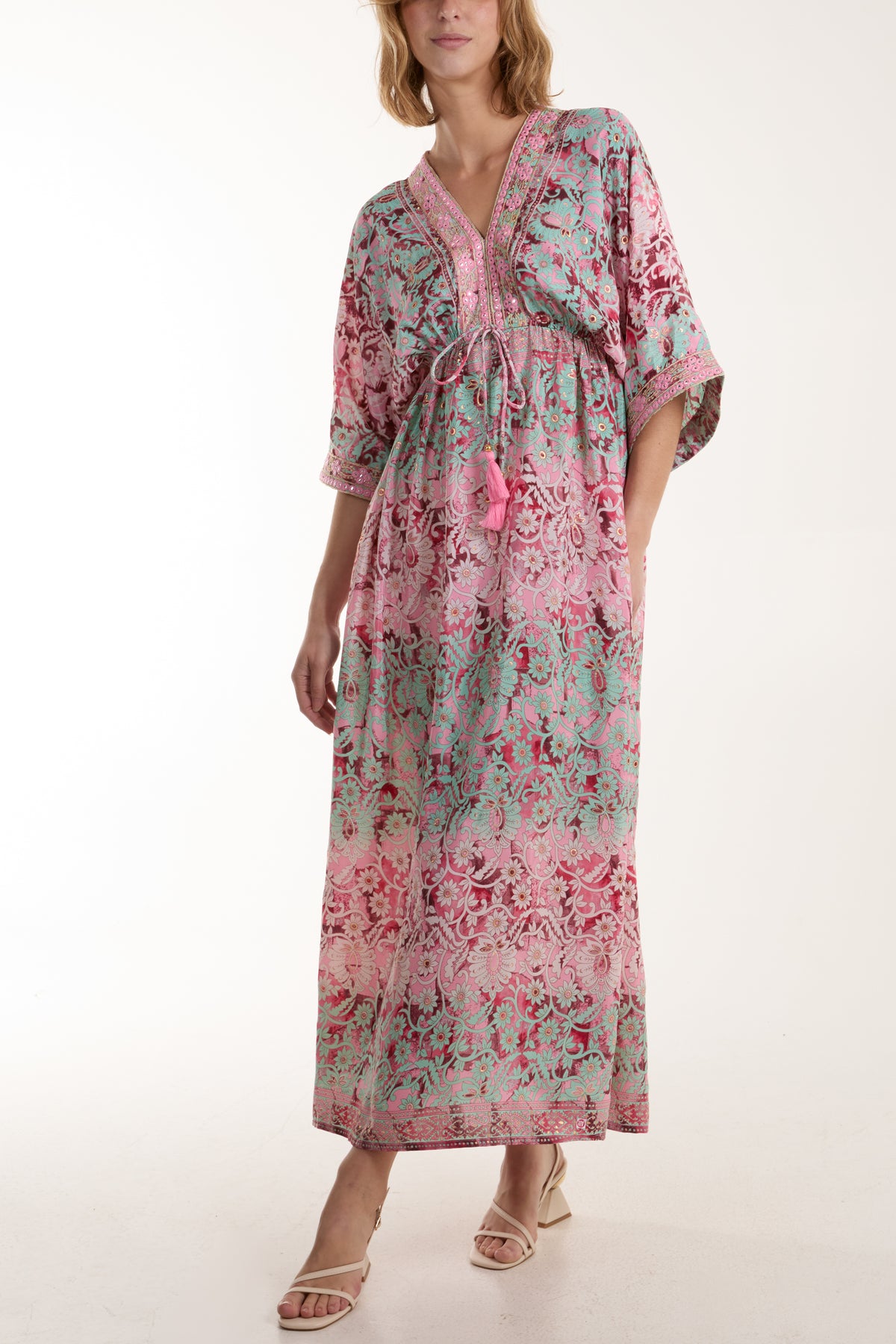 Floral Design Embellished Art Silk Kimono Dress
