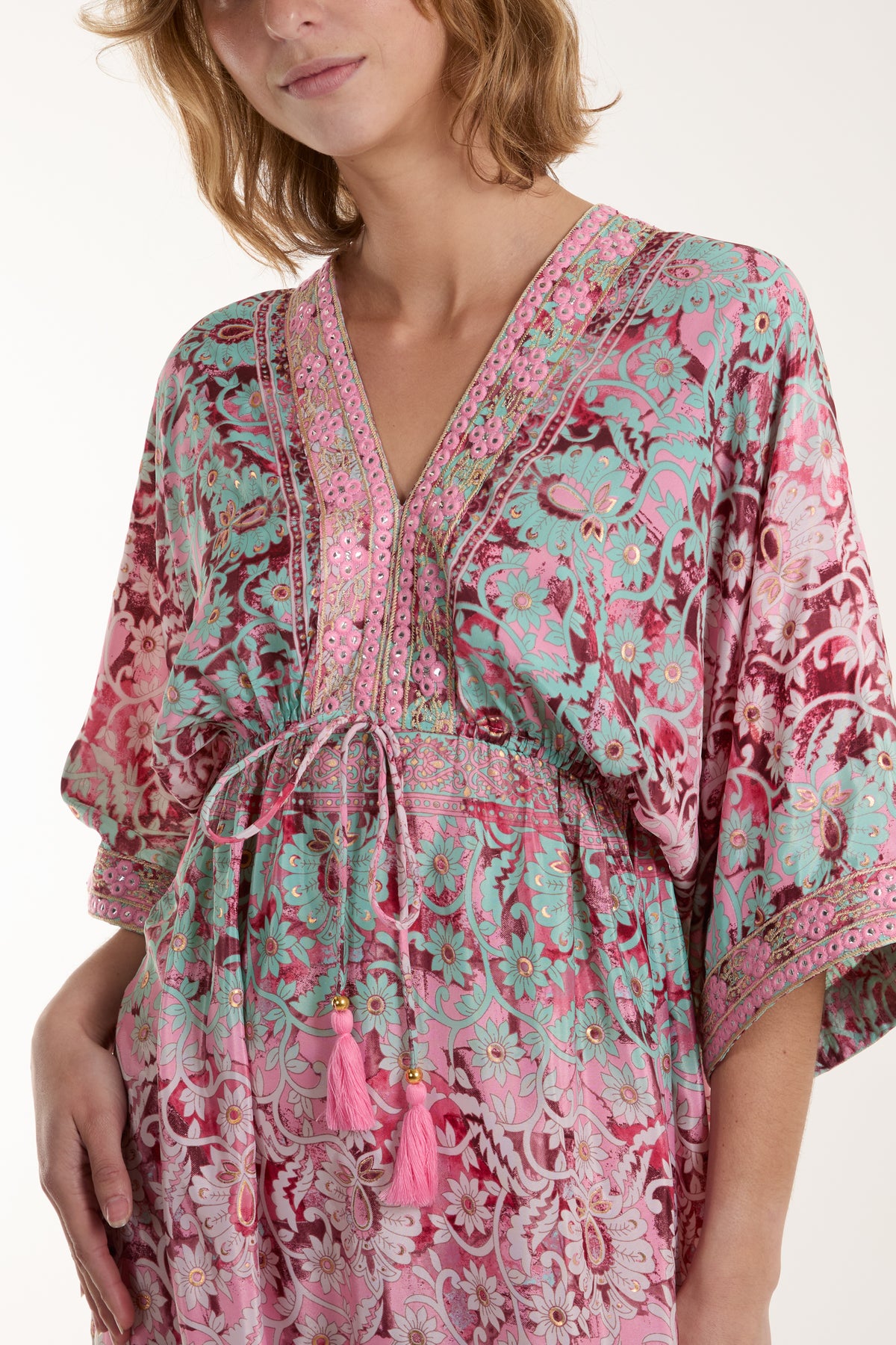 Floral Design Embellished Art Silk Kimono Dress