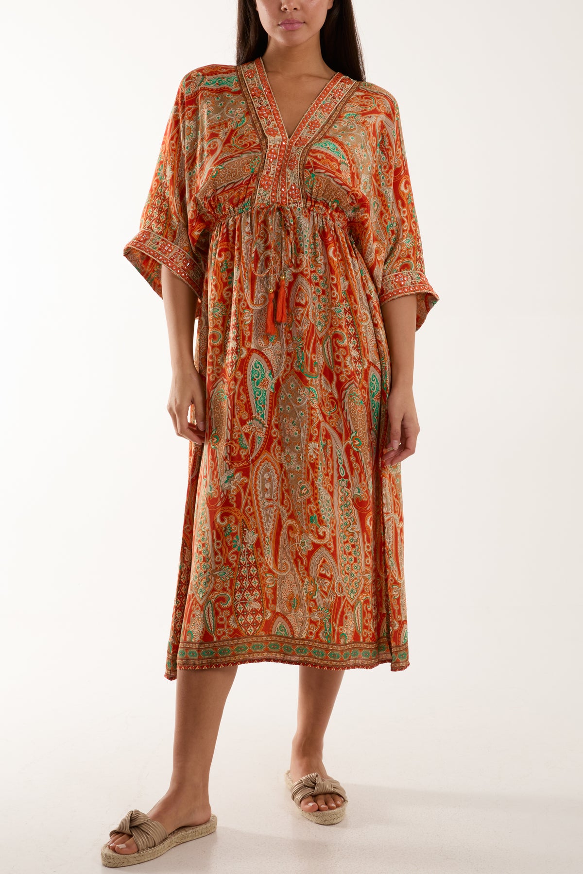 Embellished Kimono Midi Dress