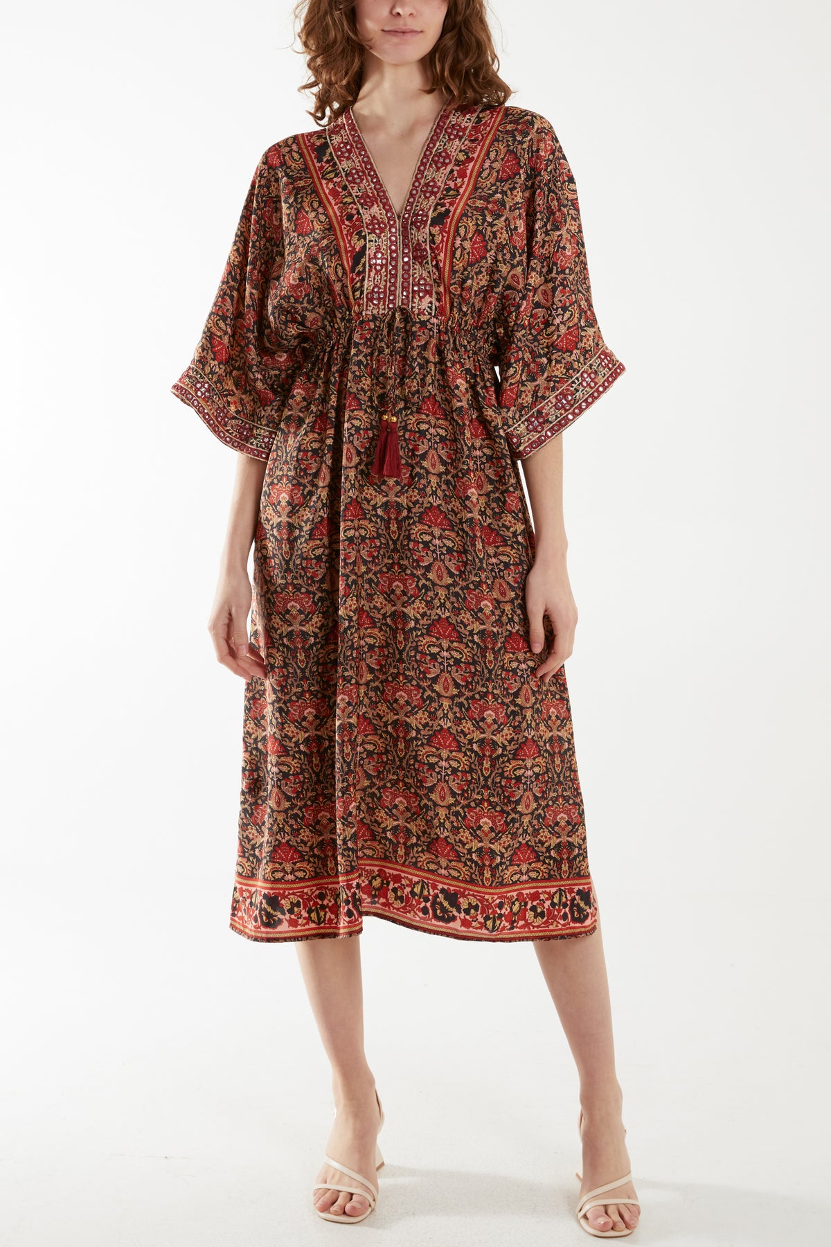 Embellished Tassel Kimono Satin Midi Dress