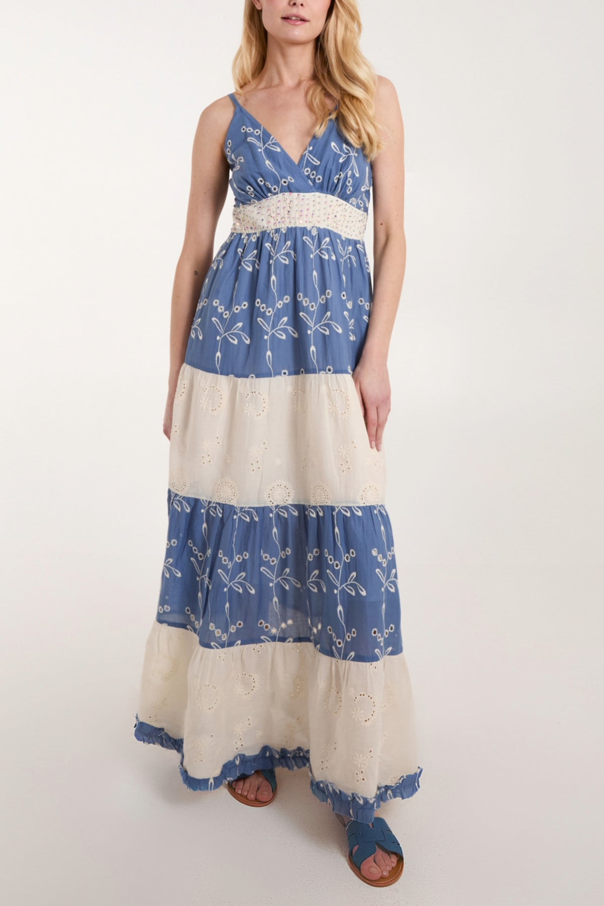 Embroidered & Embellished Tiered Maxi Dress