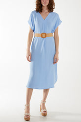 Woven Belted V-Neck Midi Dress